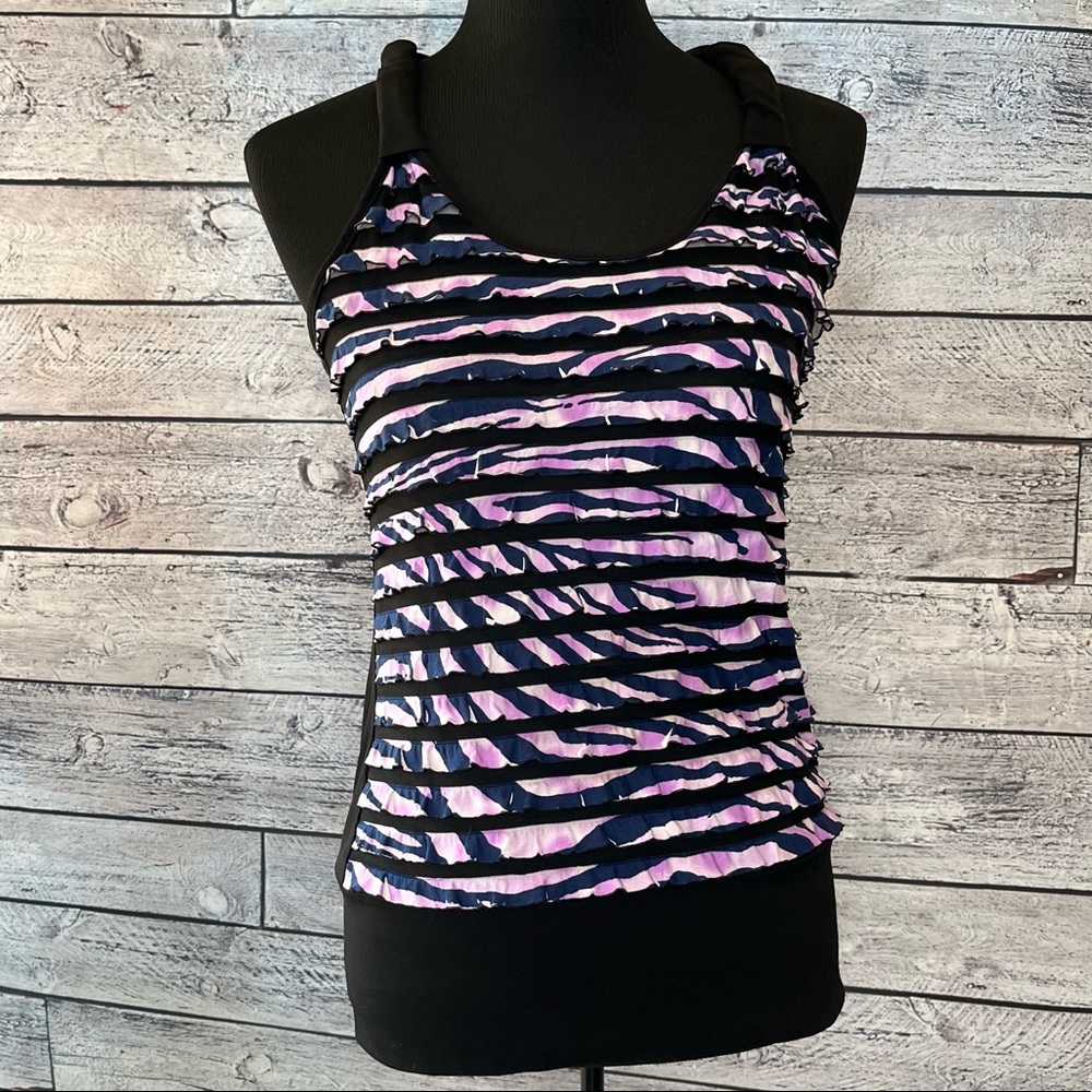 L8ter pink and black tiger striped ruffle top size Large